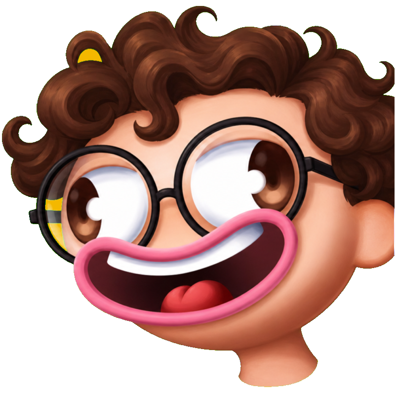 Cartoon portrait of Oliver with curly hair and round glasses